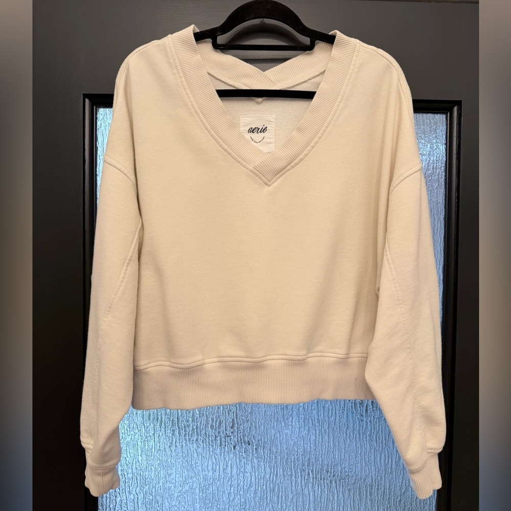 Aerie Tops | Arie Oversized Cream V-Neck Cropped Sweatshirt- Size S